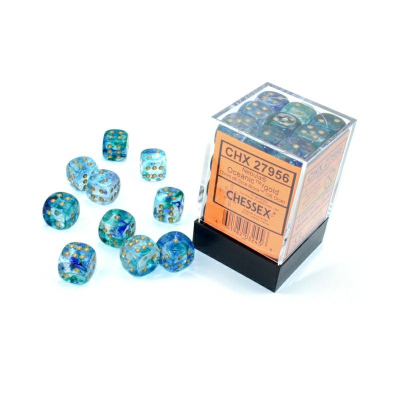 Dados Chessex 12mm D6 Oceanic / Gold Luminary (36 Unidades) | Accesorios | Gameria