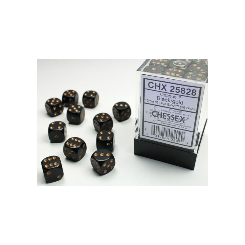Dados Chessex Opaque 12mm D6 (36 Unidades) Pips Black Gold | Accessorios | Gameria