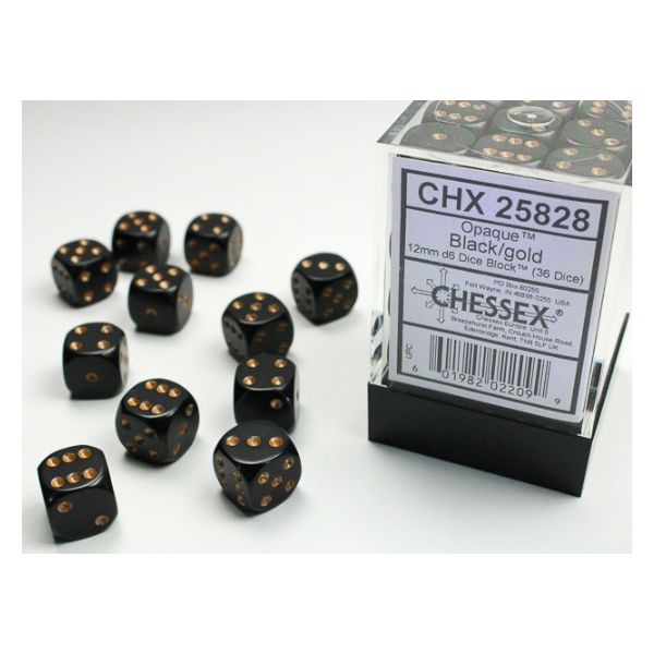 Dados Chessex Opaque 12mm D6 (36 Unidades) Pips Black Gold | Accessorios | Gameria