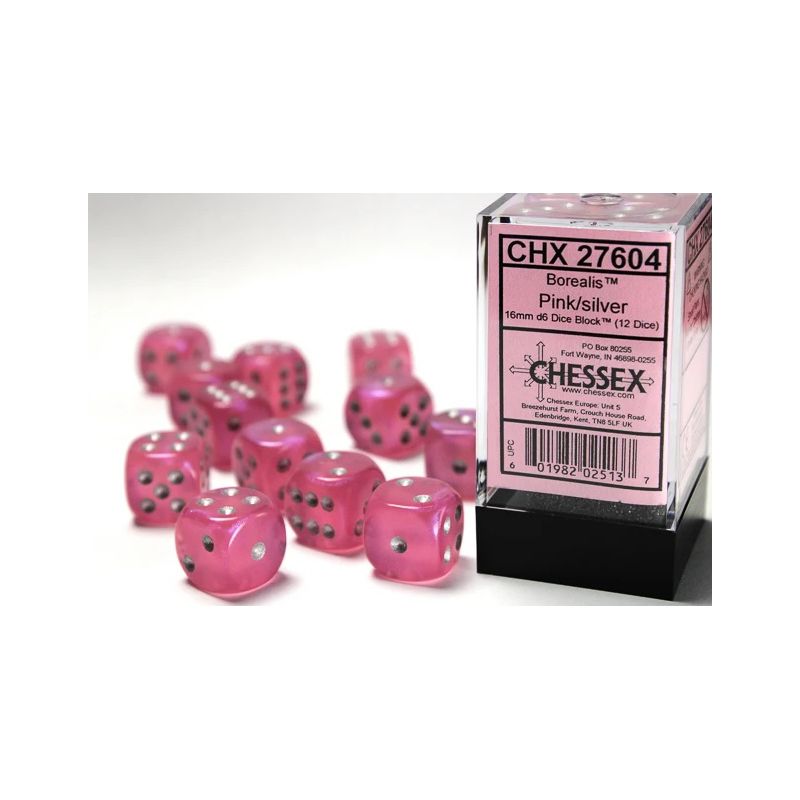 Dados Chessex Borealis 16mm D6 (12 Unidades) Pink Silver | Accessorios | Gameria