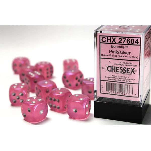 Dados Chessex Borealis 16mm D6 (12 Unidades) Pink Silver | Accessorios | Gameria