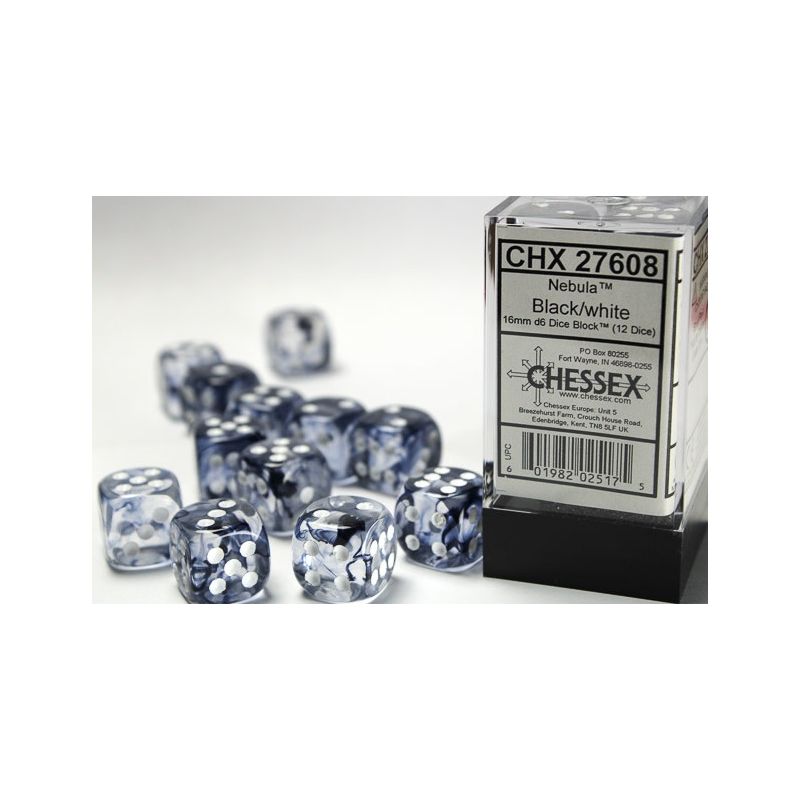 Dados Chessex Nebula 16mm D6 (12 Unidades) Black White | Accessorios | Gameria