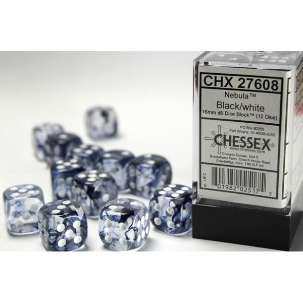 Dados Chessex Nebula 16mm D6 (12 Unidades) Black White | Accessorios | Gameria