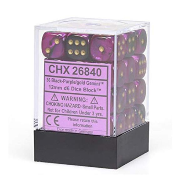 Dados Chessex Gemini 12mm D6 Blocks with Pips Black Purple W/Gold (36 Unidades) | Accesorios | Gameria